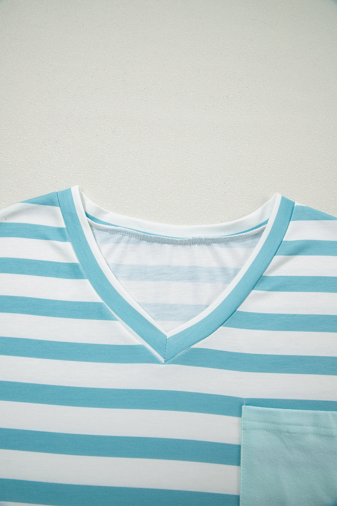 Sky Blue Stripe V Neck Patched Pocket Casual T Shirt
