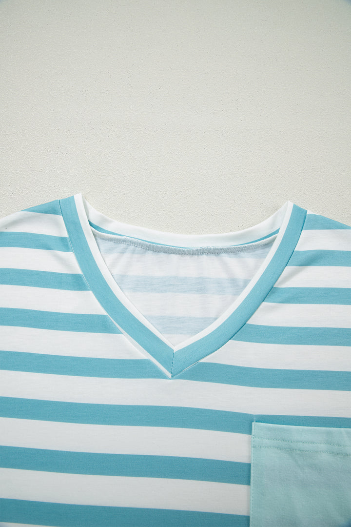 Sky Blue Stripe V Neck Patched Pocket Casual T Shirt