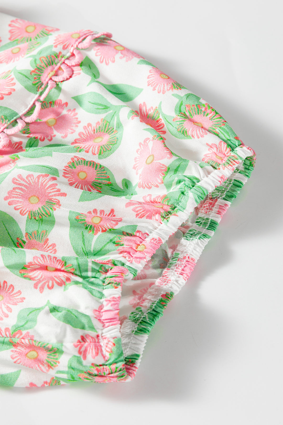 Contrast Neckline Ricrac Trim Floral Short Puff Sleeve Dress