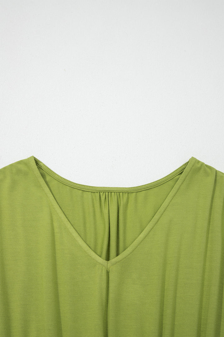 Solid V Neck Cap Sleeve Tunic Elastic Waist Versatile Maxi Dress