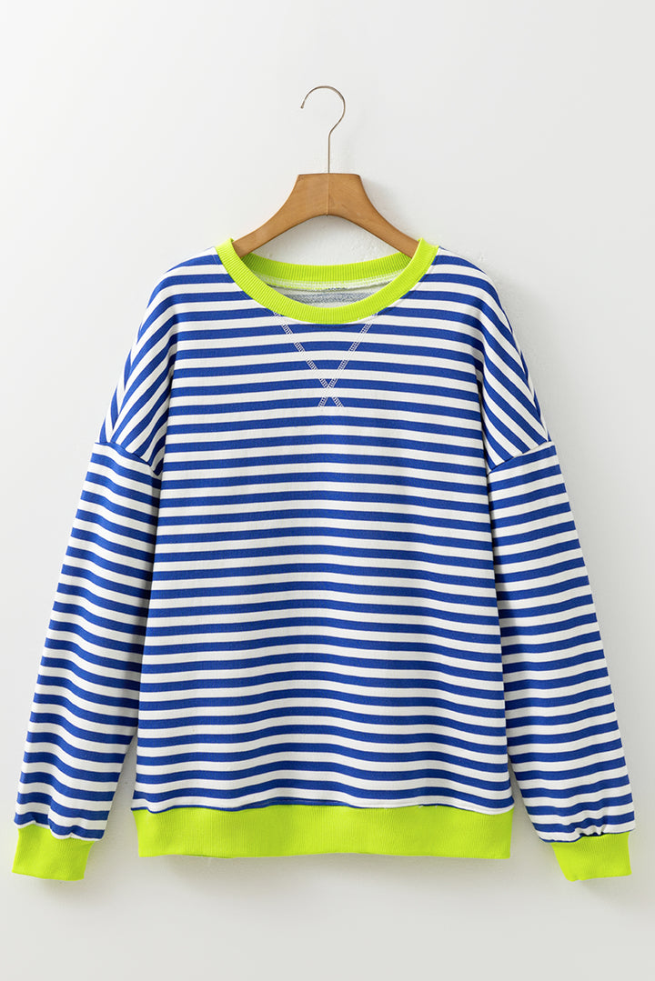 Striped Contrast Ribbed Trim Crossed Stitch Drop Shoulder Sweatshirt