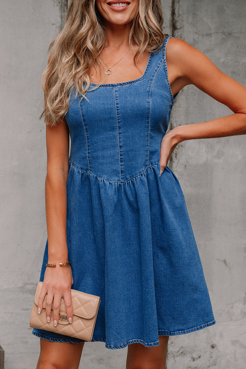 Square Neck Bowknot A-line Sleeveless Denim Dress