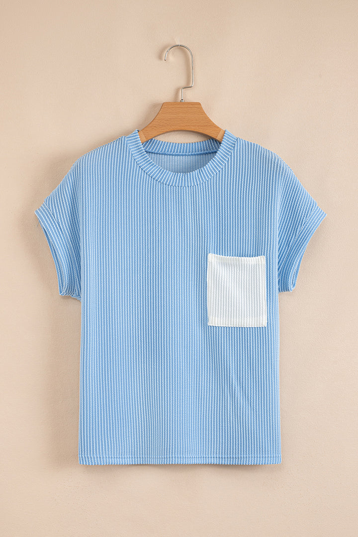 Dark Blue Corded Knit Color Block Pocketed Crew Neck T Shirt