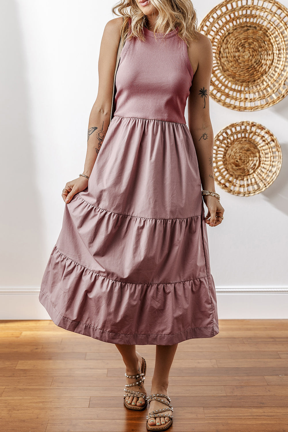 Ribbed Vest Patchwork Tiered Midi Dress with Pockets