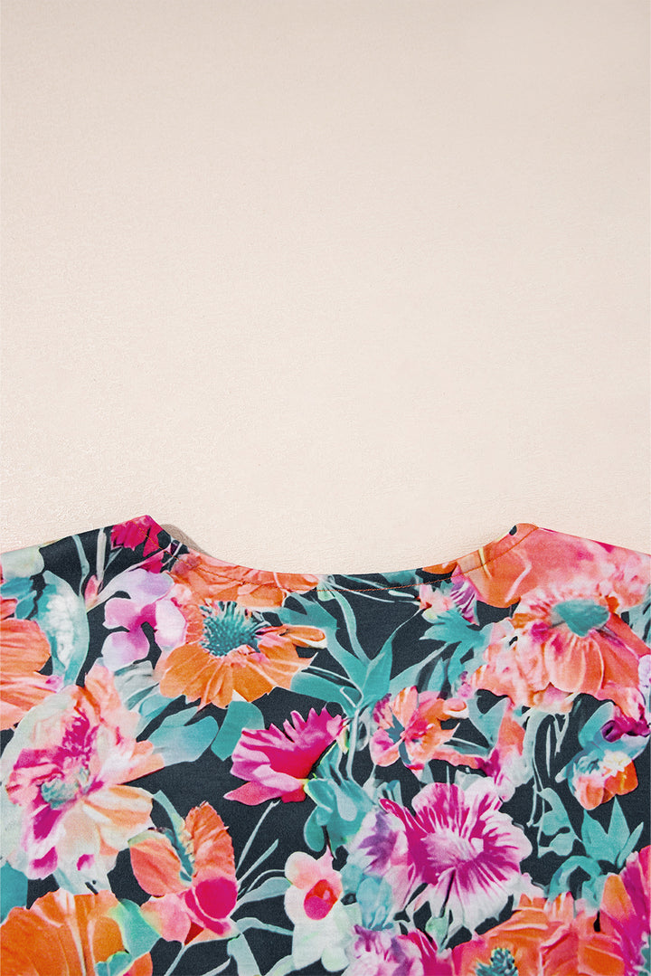 Black Floral 3/4 Flare Sleeve Tied V Neck Blouse