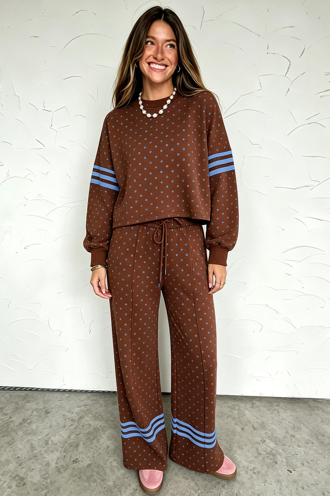 Brown Polka Dot Print Colorblock Stripes Detail Relaxed 2pcs Pant Set