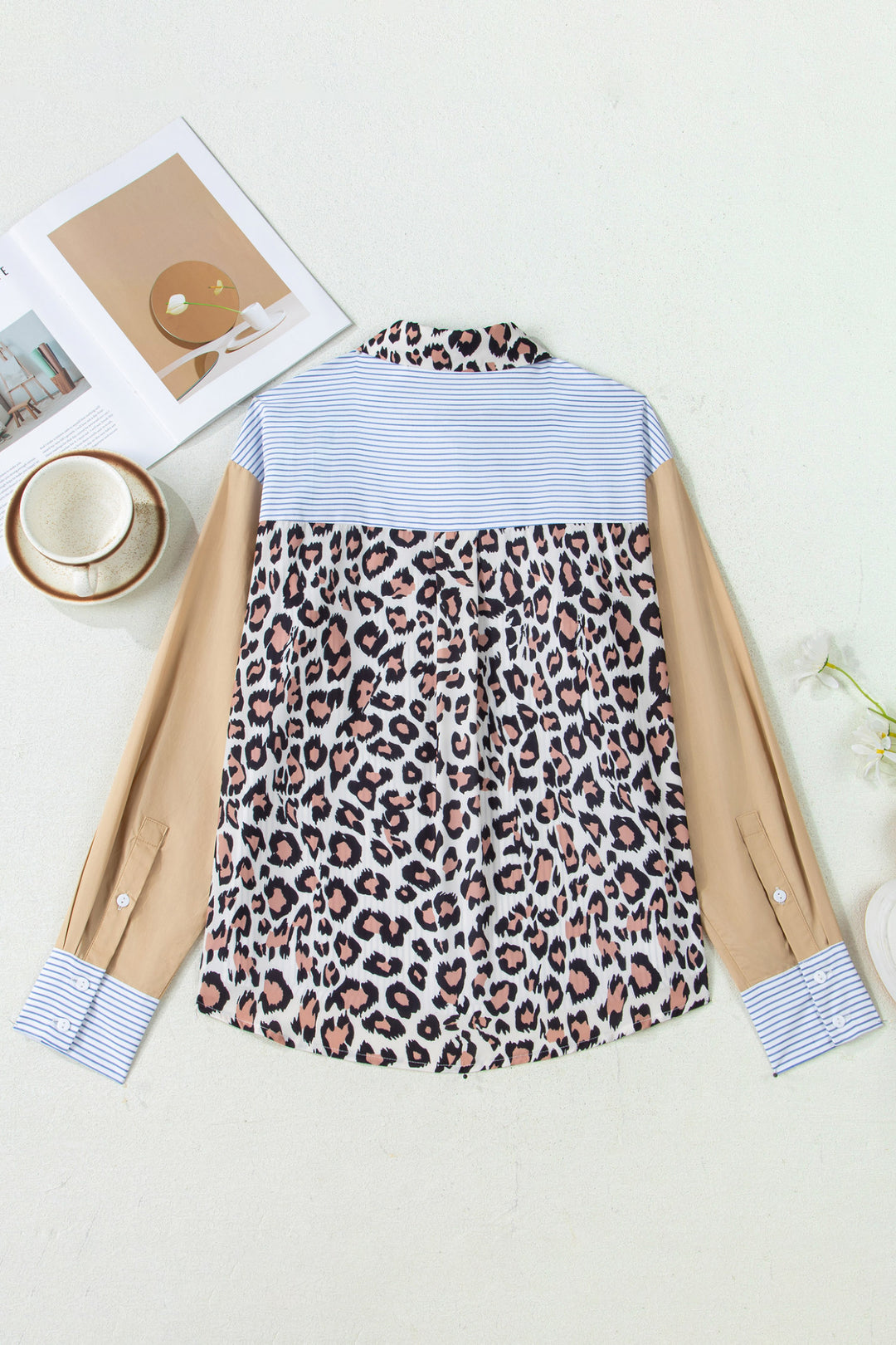 Colorblock Leopard Patchwork Chest Pocket Cuffed Sleeve Shirt