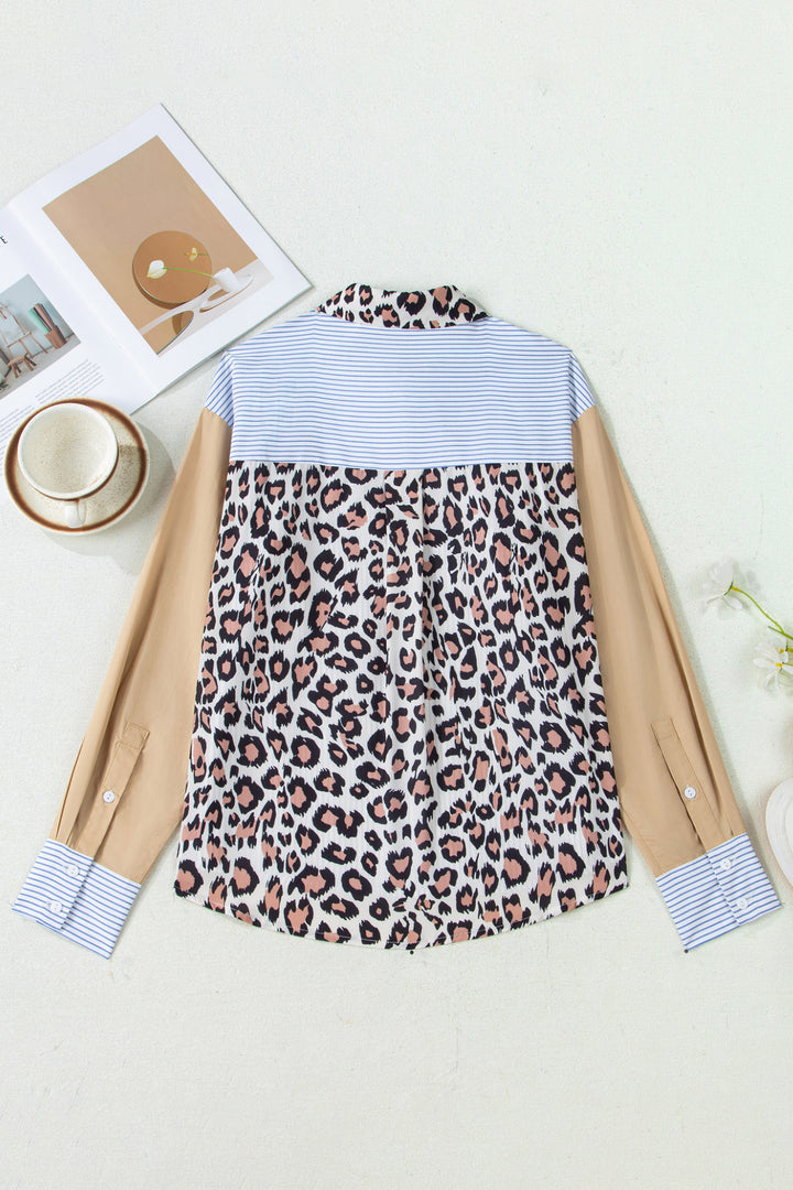 Colorblock Leopard Patchwork Chest Pocket Cuffed Sleeve Shirt