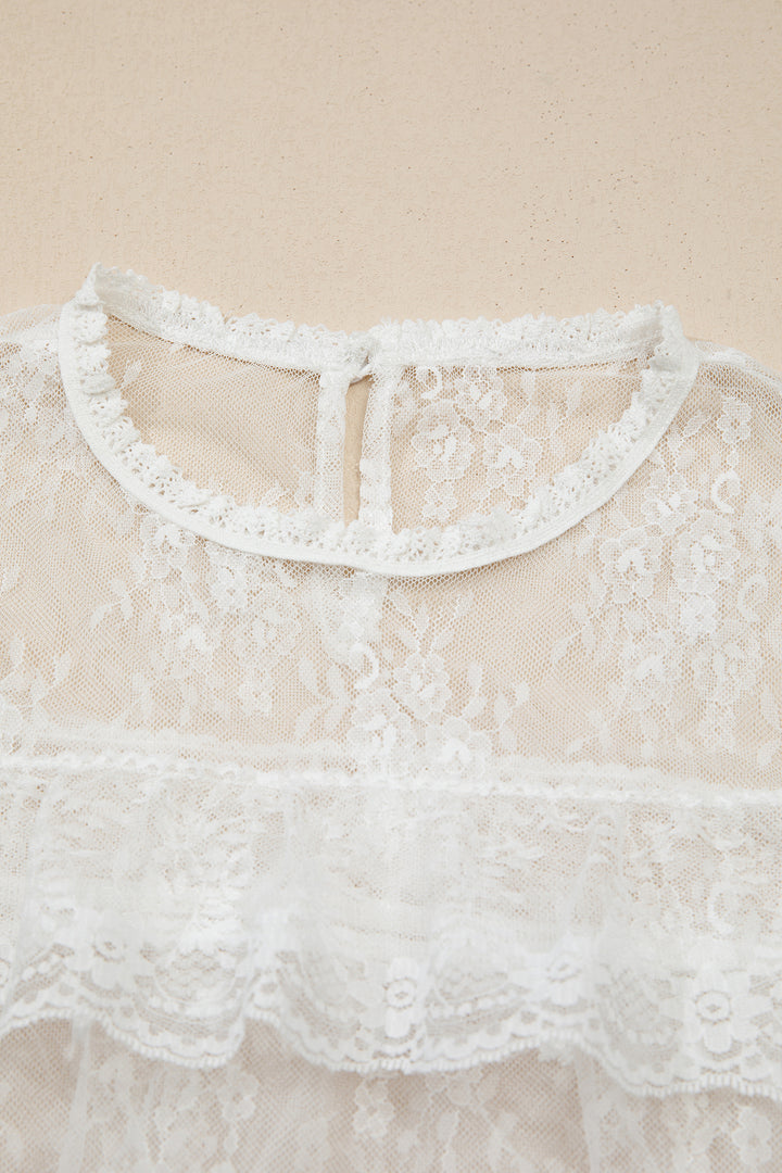 White 2pcs Sheer Floral Lace Ruffle Tiered Patchwork Blouse