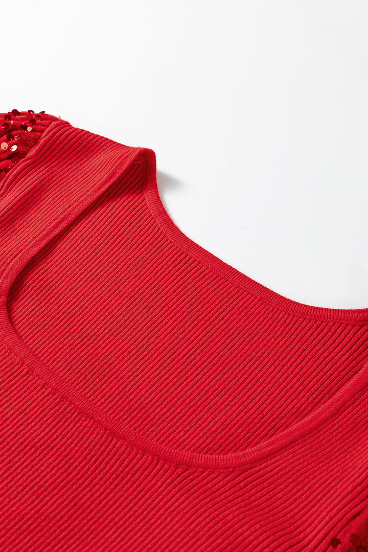 Fiery Red Sequin Sleeve Patchwork Ribbing Knit Square Neck Holiday Sweater
