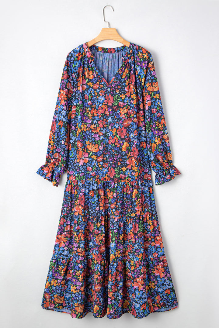 Floral Print Tassel Tie V Neck Long Sleeve Flowy Long Dress