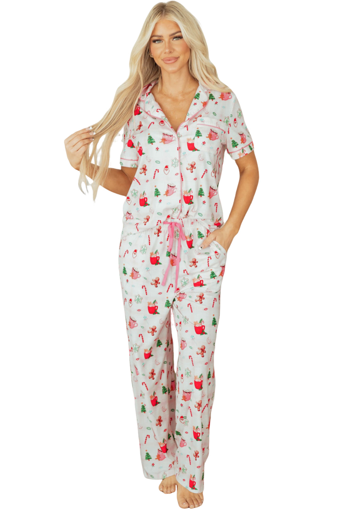 Pink Christmas Spirit Cute Holiday Print Short Sleeve Shirt and Pants 2pcs Pajama Set