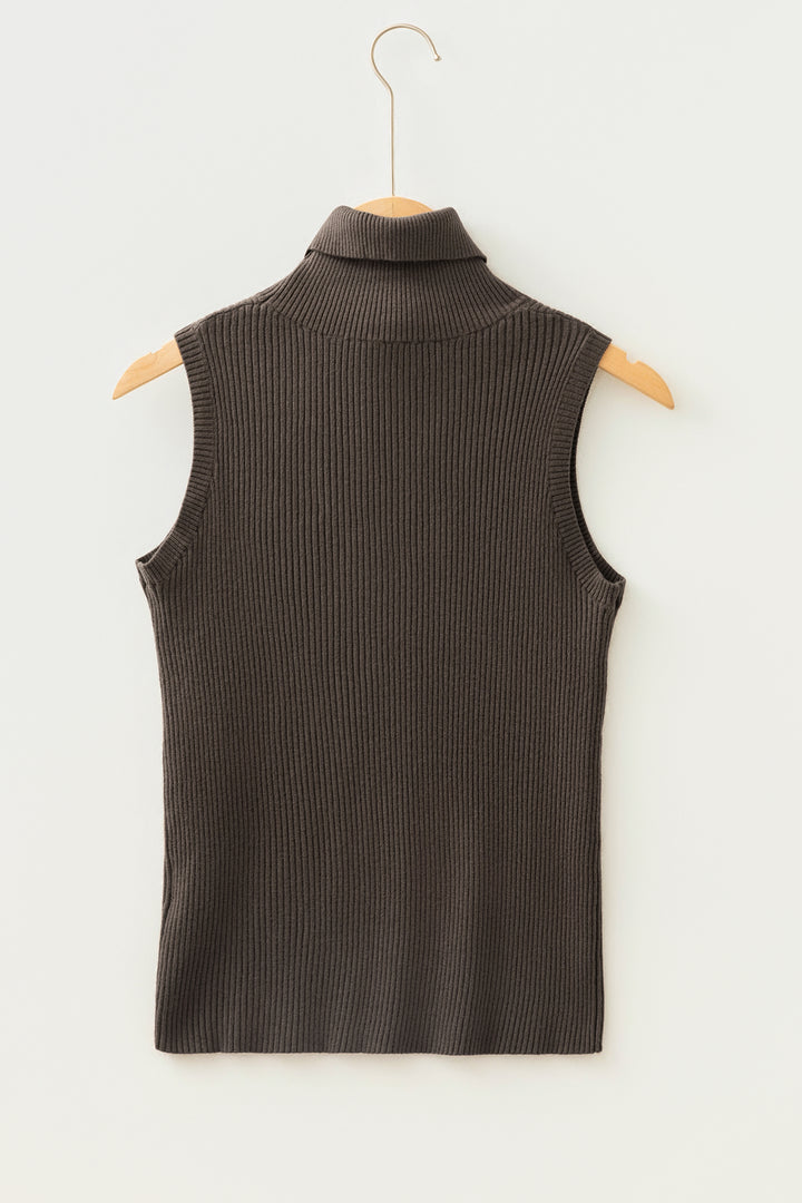 Chicory Coffee Western Ribbed Knit High Neck Waist Slim Fit Sweater Vest