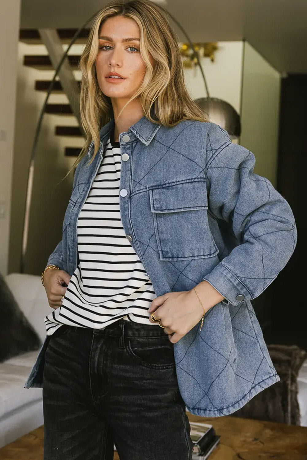 Ashleigh Blue Rhombus Stitched Pattern Button Pocketed Denim Jacket
