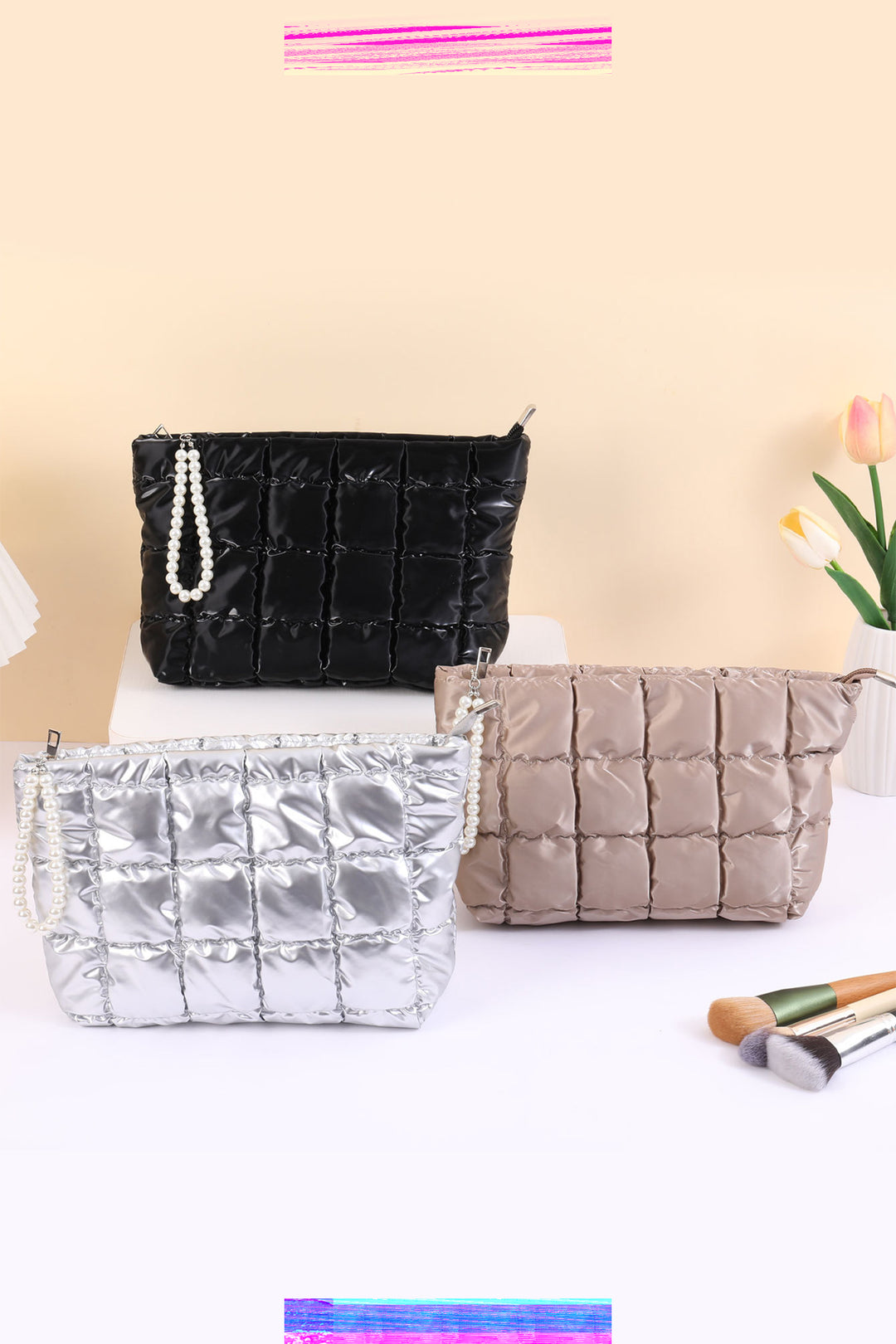 Color black PU Leather Quilted Texture Pearl Chain Zip Makeup Bag