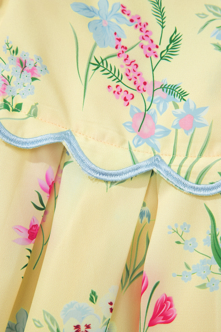 Chic Yellow Floral Print Contrast Trim Self-tie Straps High Waist Midi Dress