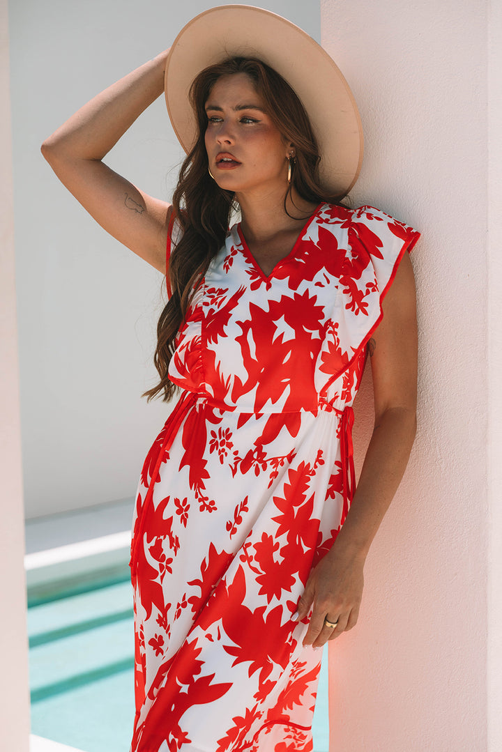 Floral Print Trimmed V Neck Ruffle Sleeve Long Dress