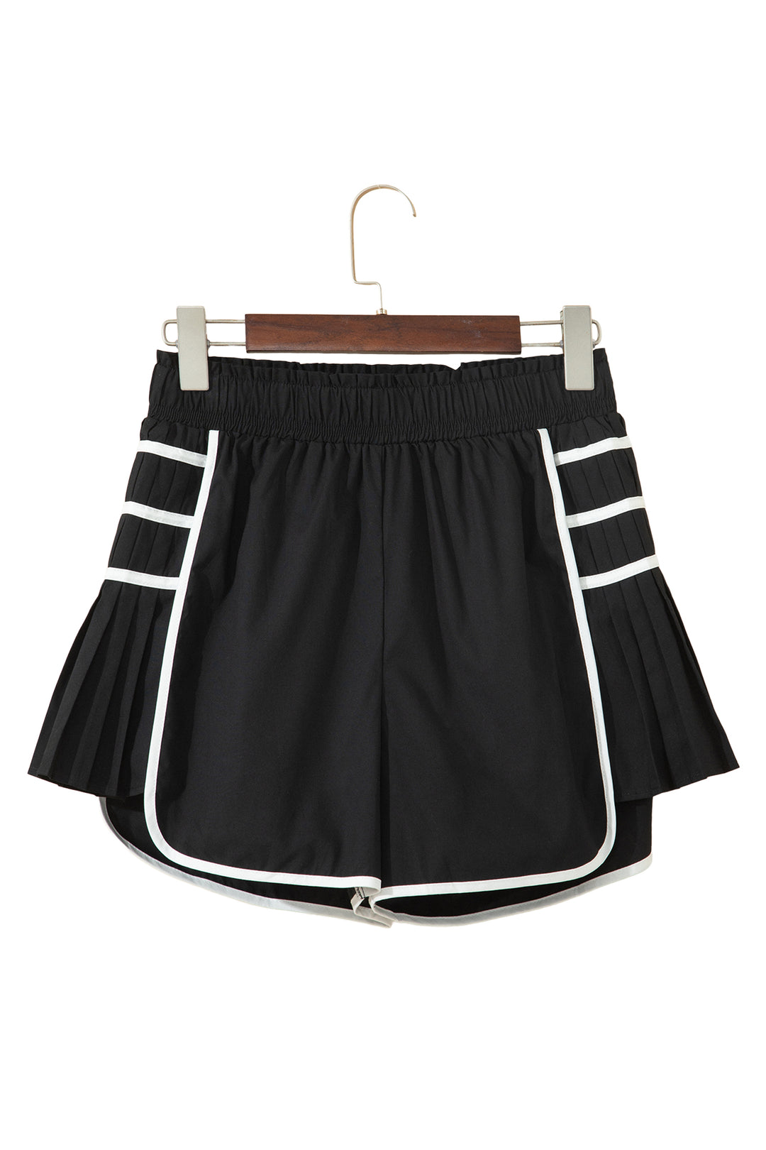 Black Contrast Trim Pleated Casual Active Shorts