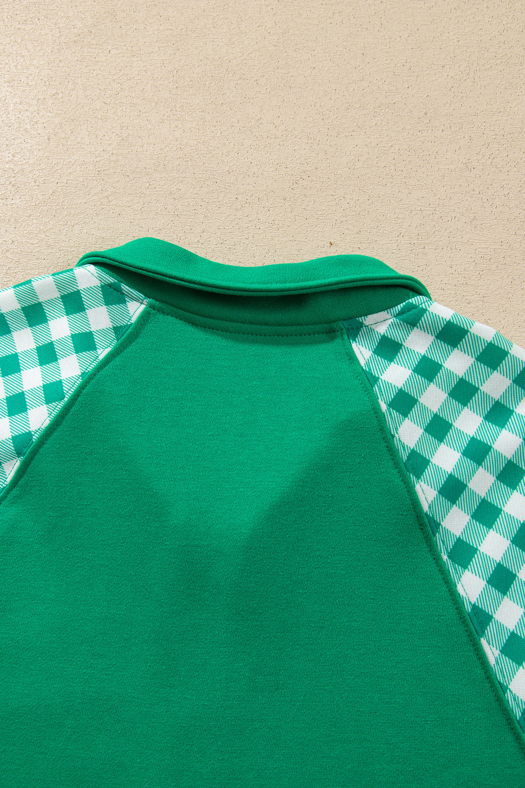 Bright Green Plaid Patchwork Half Zip Pullover Drawstring Short Set