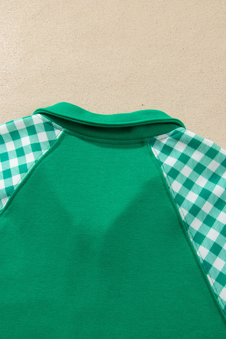 Bright Green Plaid Patchwork Half Zip Pullover Drawstring Short Set