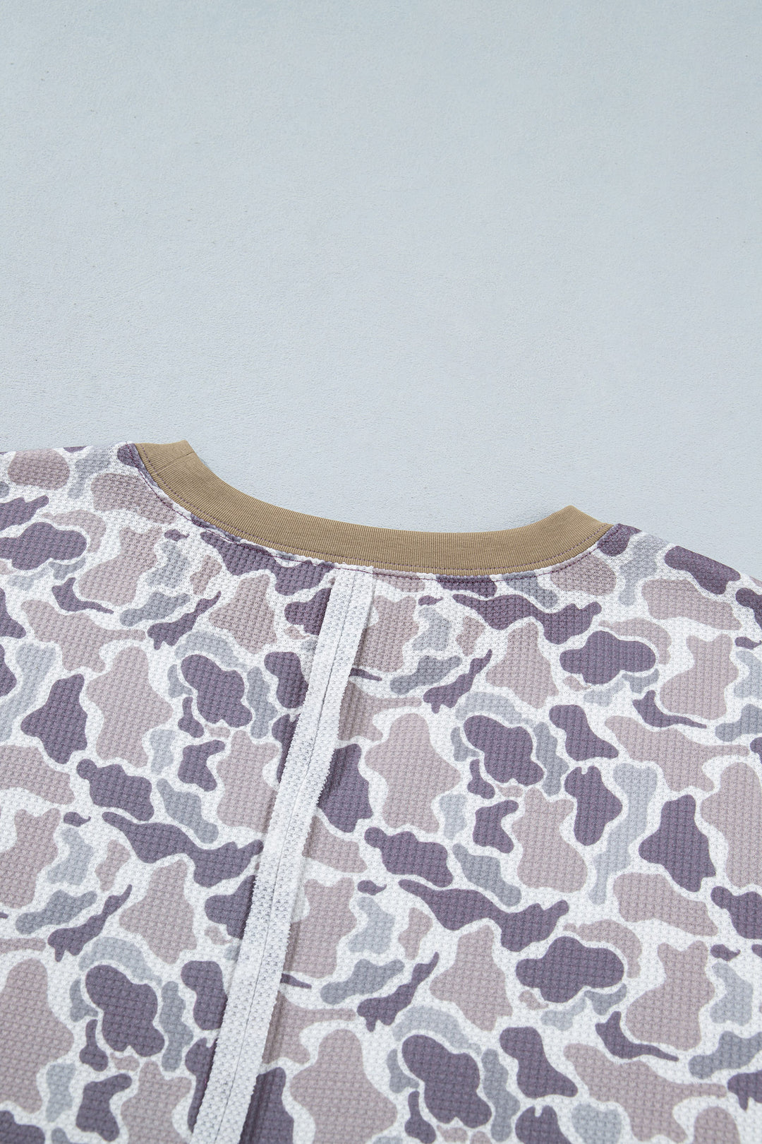 Khaki Camouflage Print Textured Knit Color Block Trim Long Sleeve Top