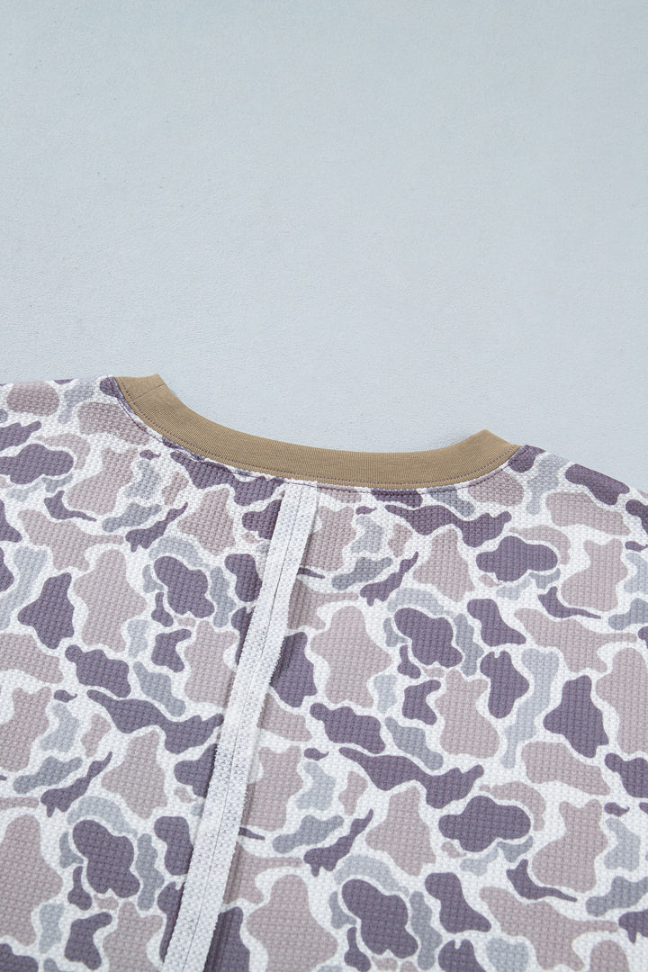 Khaki Camouflage Print Textured Knit Color Block Trim Long Sleeve Top