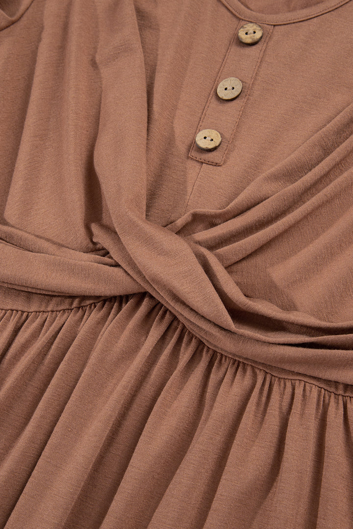 Chestnut Shirred Cuff Long Sleeve Button Mini Dress