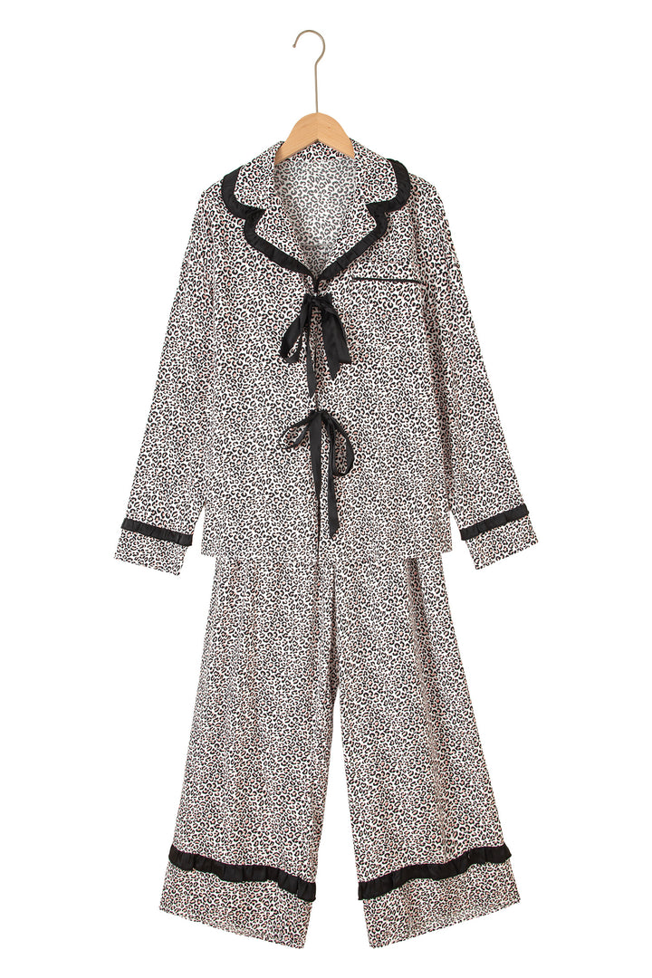Brown Leopard Print Bow Knot Patchwork Long Sleeve Lounge Set