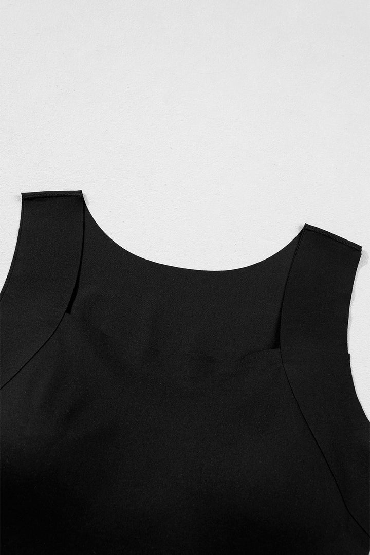 Black Solid Color Wide Strap Splicing Athleisure Tank Top