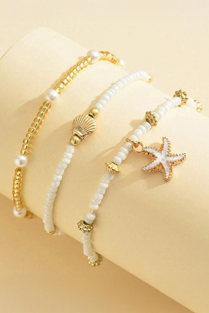 Starfish Shell Pearl Beaded Elastic Layered Bracelet