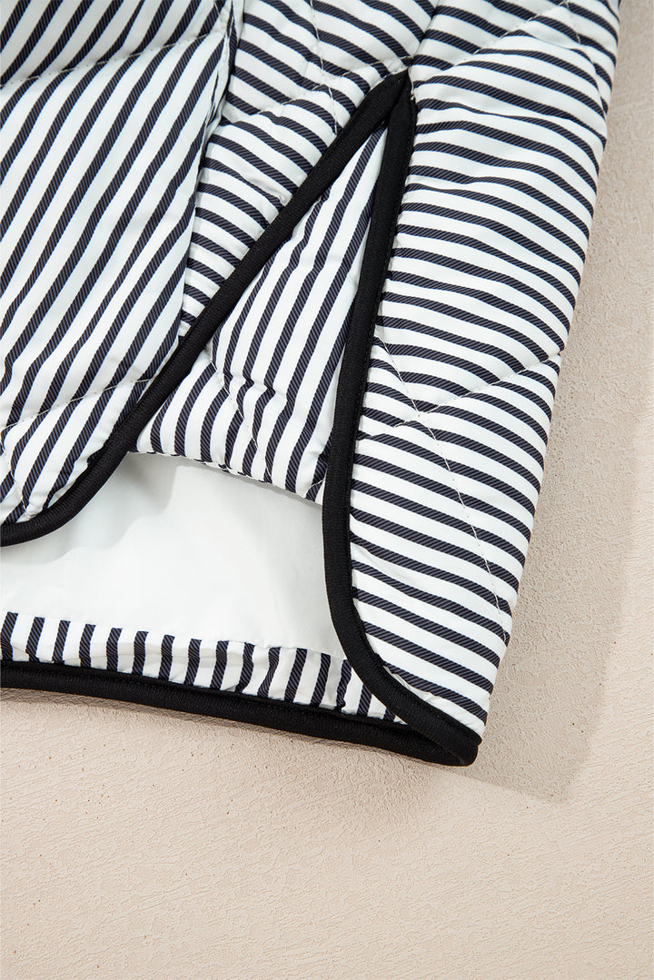 Black Stripe Contrast Trim Snap Button Collared Winter Vest