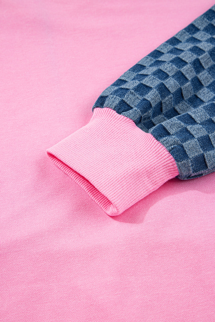 Checkered Patchwork Kangaroo Pocket Half Zipper Hoodie