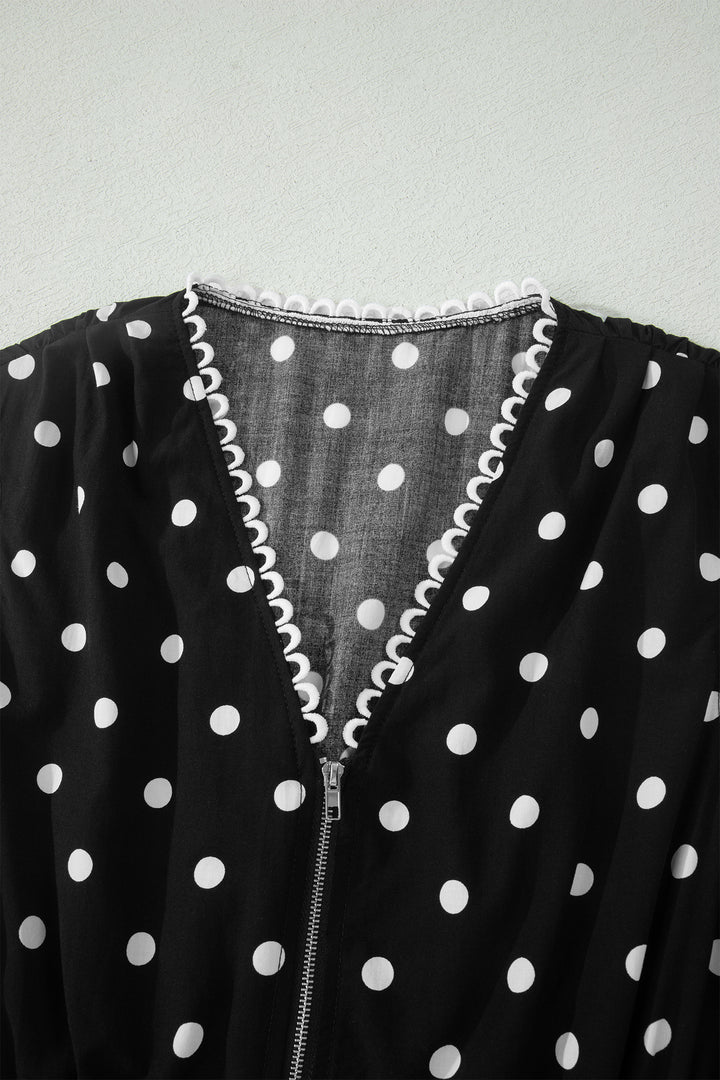 Black Polka Dot Print Contrast Trim Zip Up Sleeveless Dress