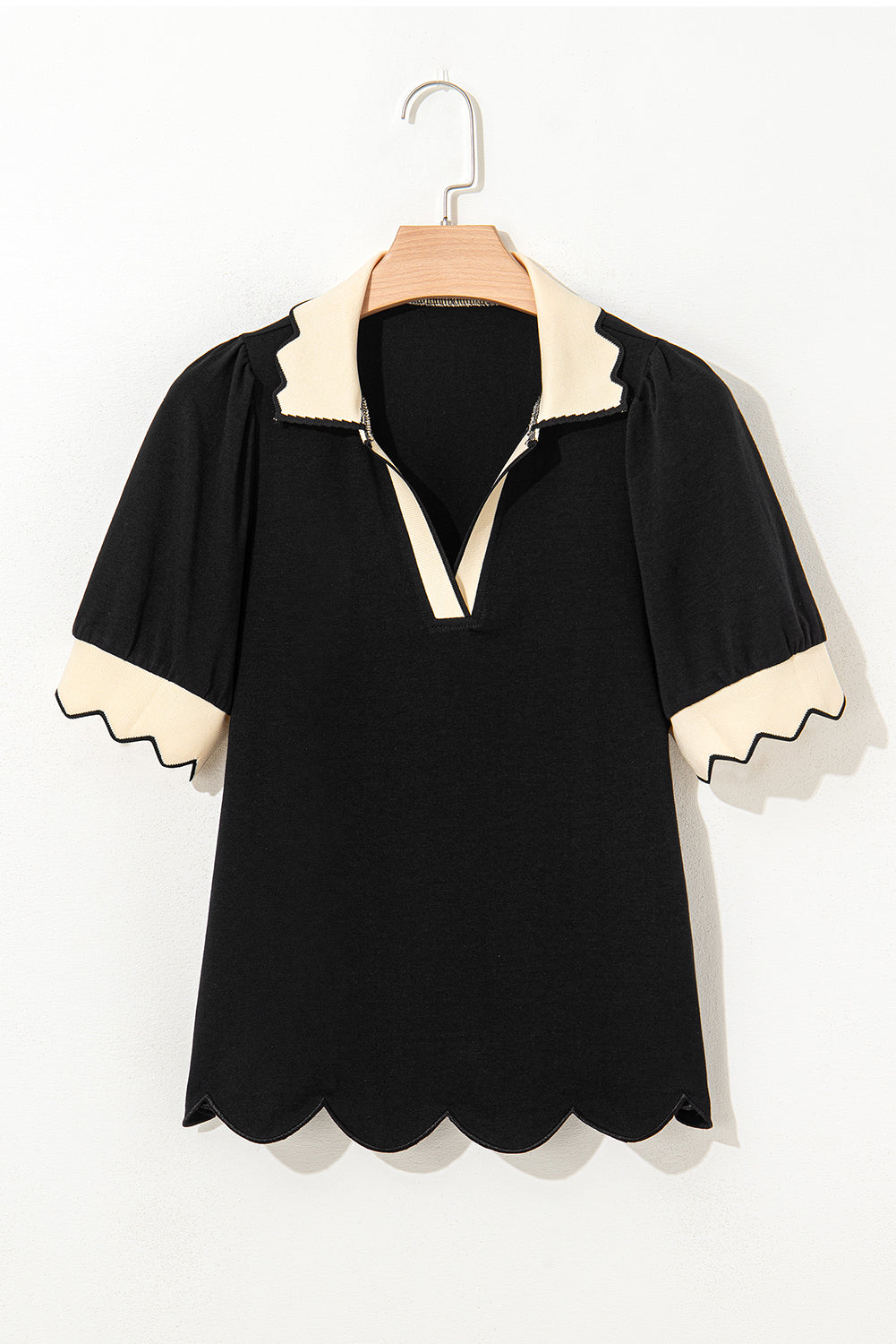 color contrast collared v neck puff sleeve blouse