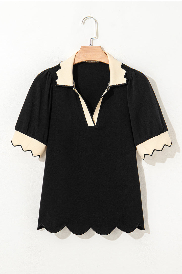color contrast collared v neck puff sleeve blouse