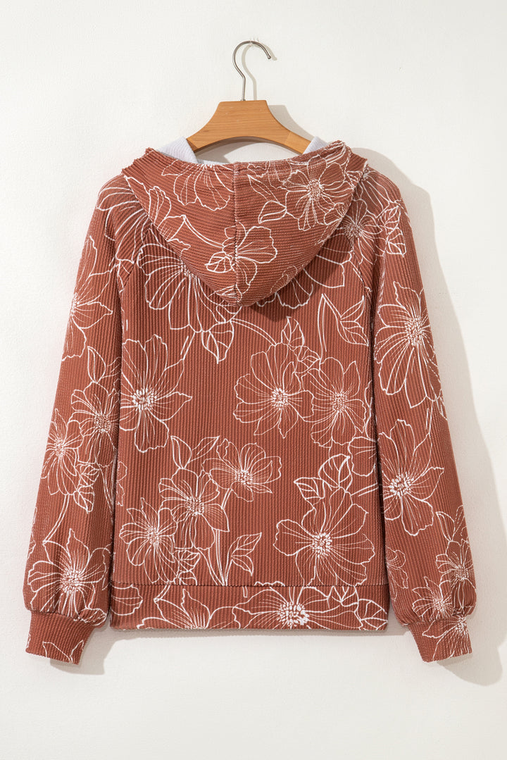 Floral Twisted Rib Drawstring Kangaroo Pocket Hoodie
