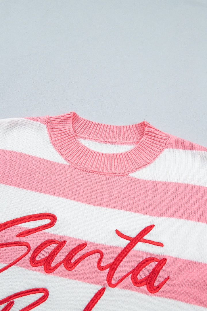 Pink Stripe Santa Baby Embroidered Christmas Slogan Drop Shoulder Pullover Sweater
