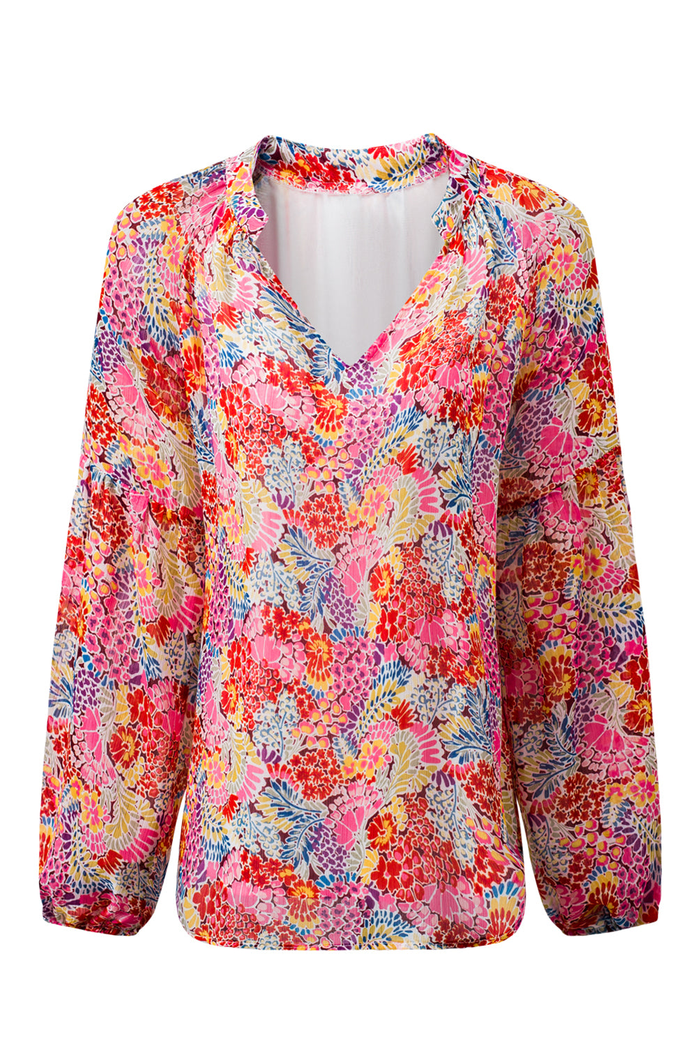 Fiery Red White Floral Print V Neck Long Puff Sleeve Top