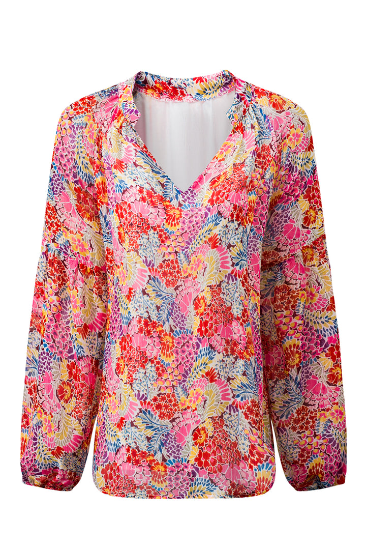 Fiery Red White Floral Print V Neck Long Puff Sleeve Top