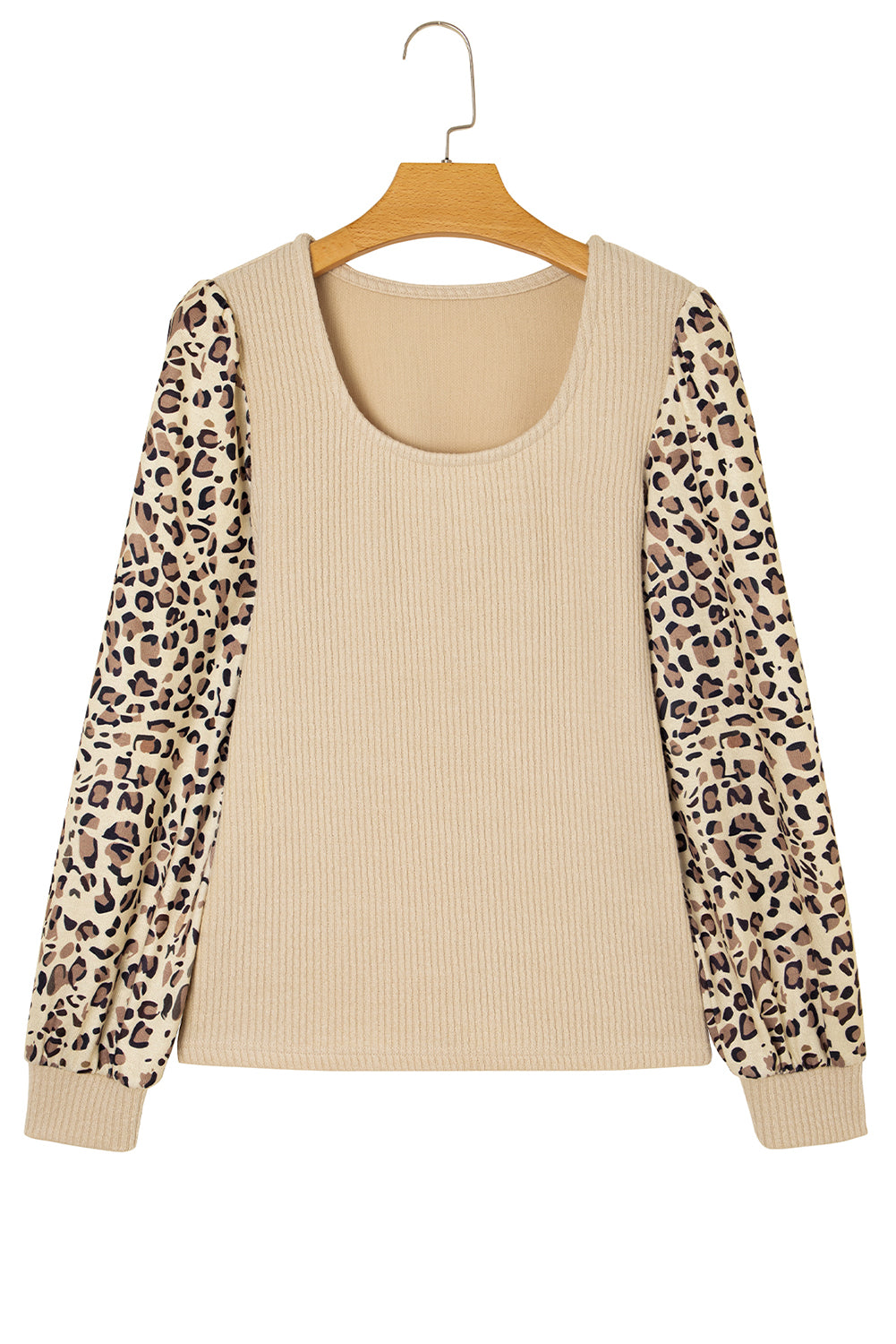 Leopard Sleeve Patchwork Ribbed Knit U Neck Top