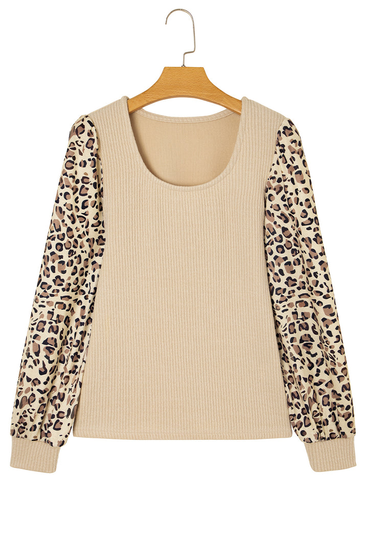 Leopard Sleeve Patchwork Ribbed Knit U Neck Top