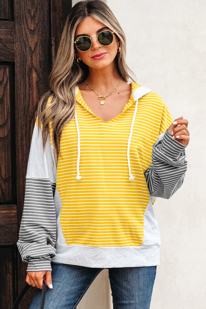 Color Block Drawstring V Neck Loose Fit Hooded Top