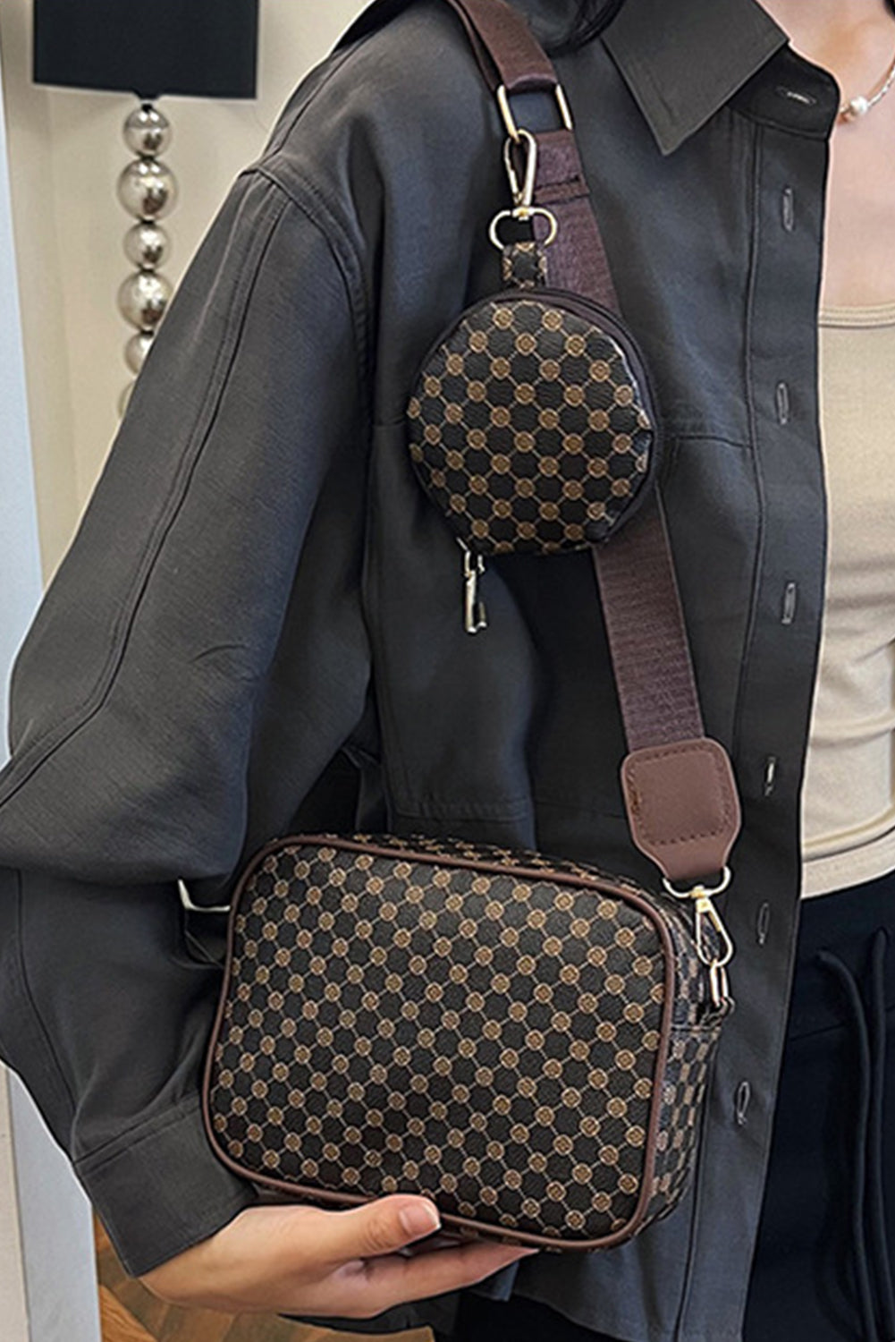 Schultertasche aus PU-Leder mit Karomuster und Münzbörse