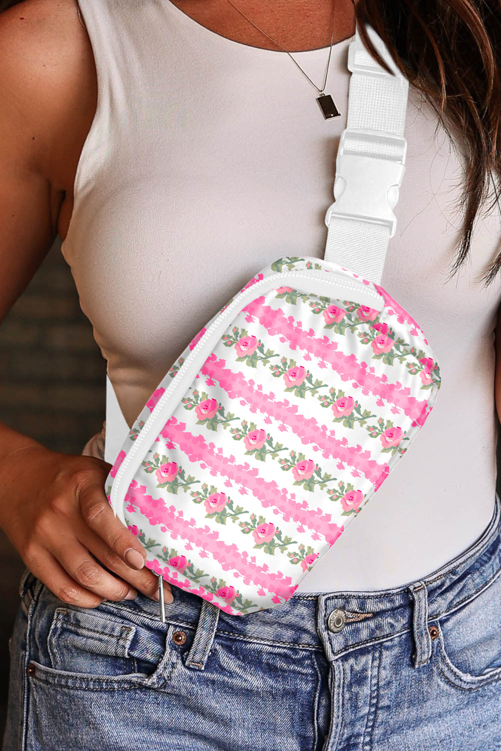 Flower Print Buckle Wide Strap Sling Bag