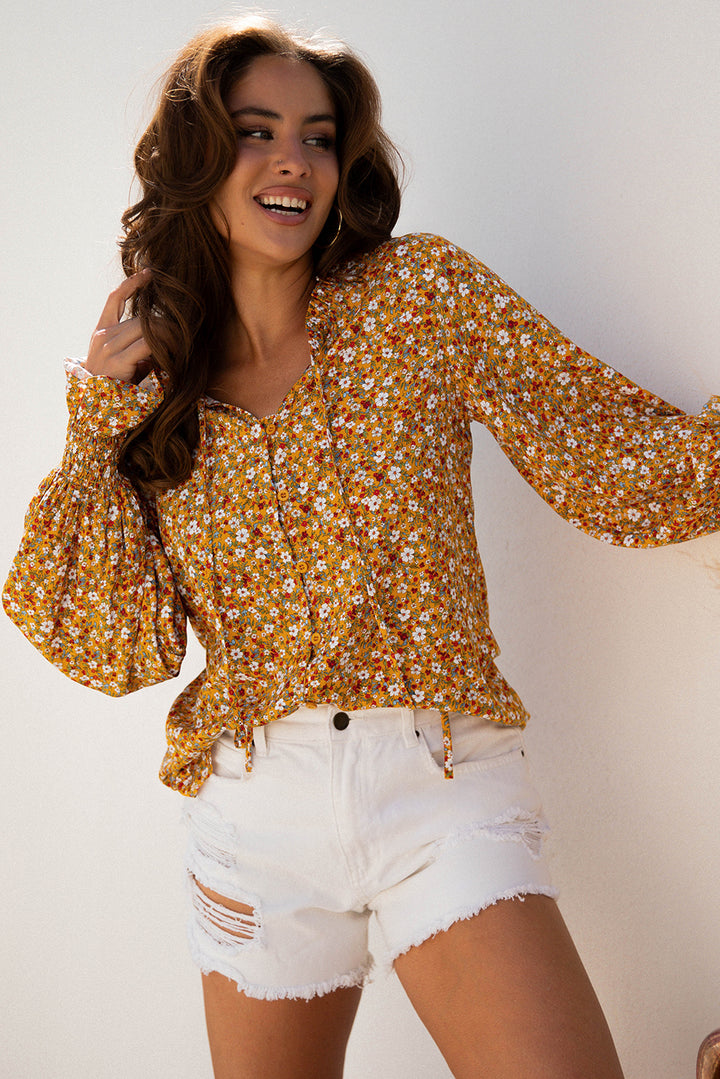 Boho Floral Ruffled Bubble Sleeve V Neck Fall Blouse