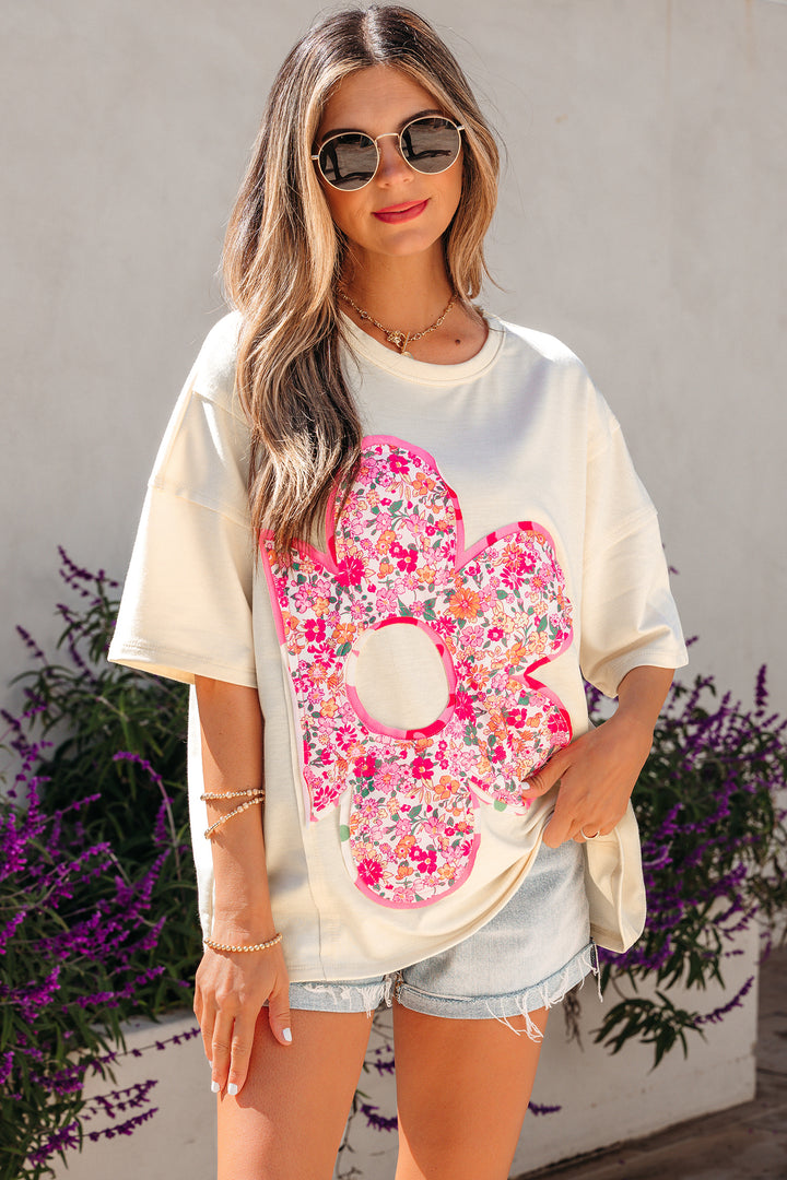 Floral Patched Raw Seam Big Flower Oversize Tee