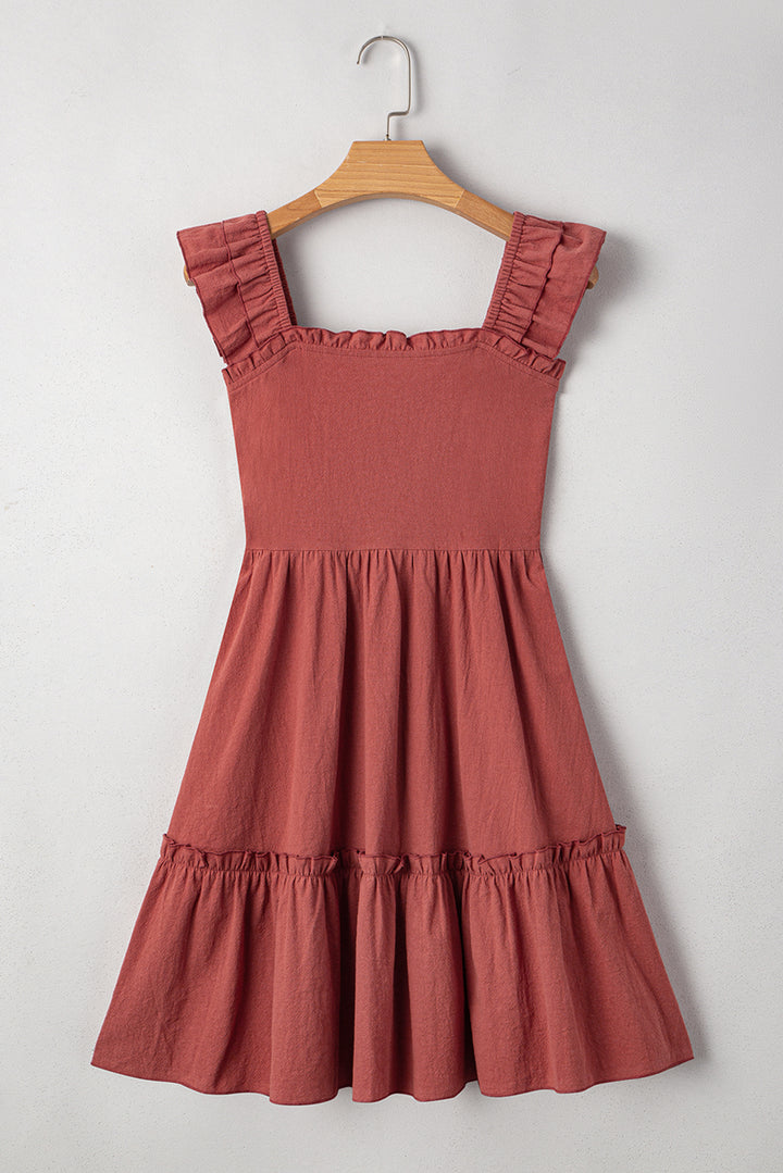 Geometric Stitch Shirred Bodice Ruffled Trim Sleeveless Mini Dress
