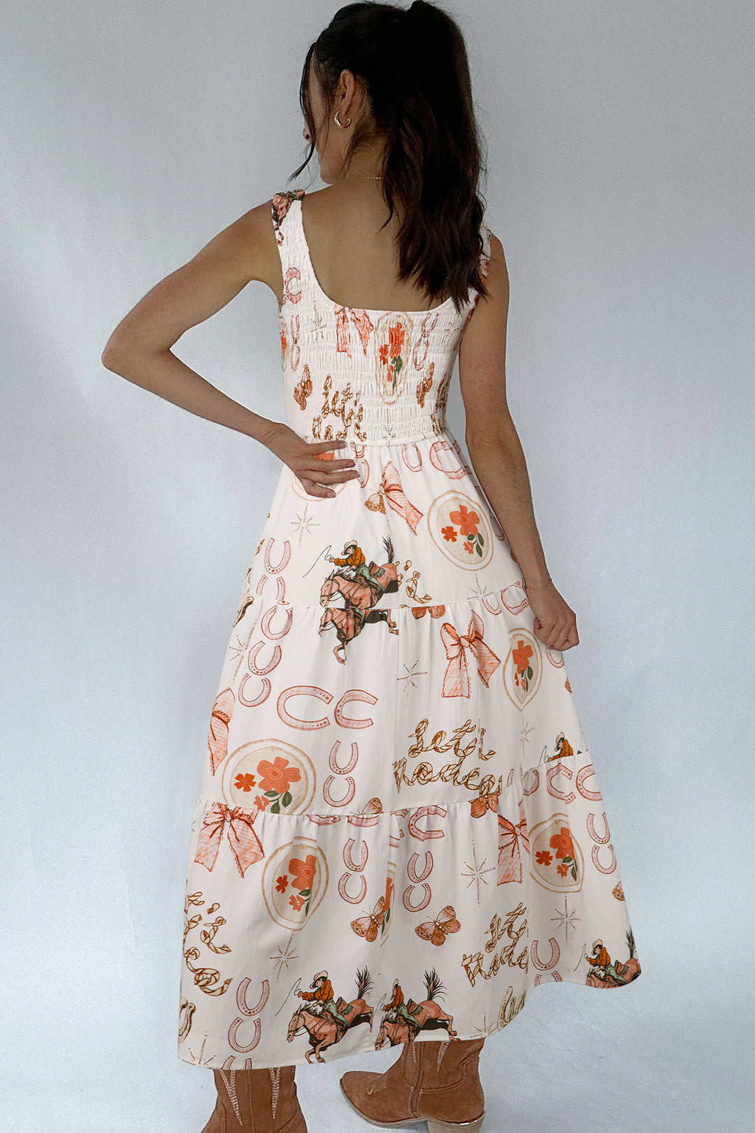 White Western Horseshoe Print U-Neck Sleeveless Midi Dress