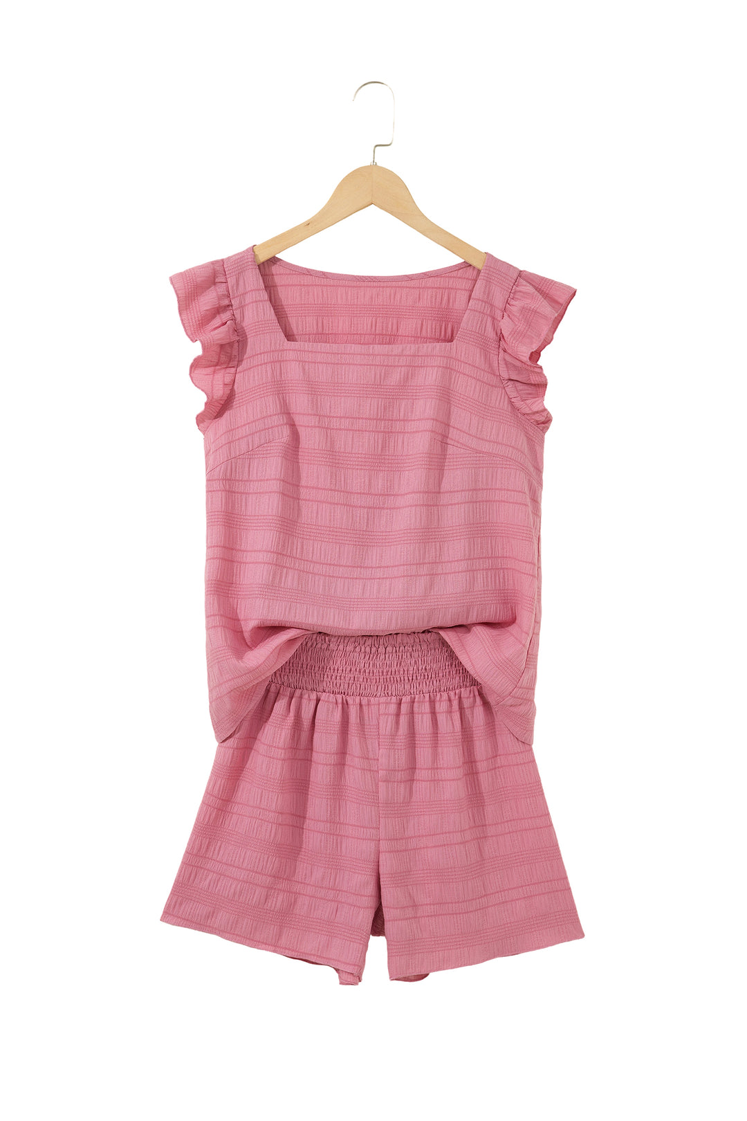 Peach Blossom Textured Square Neck Top and Shirred High Waist Shorts Set