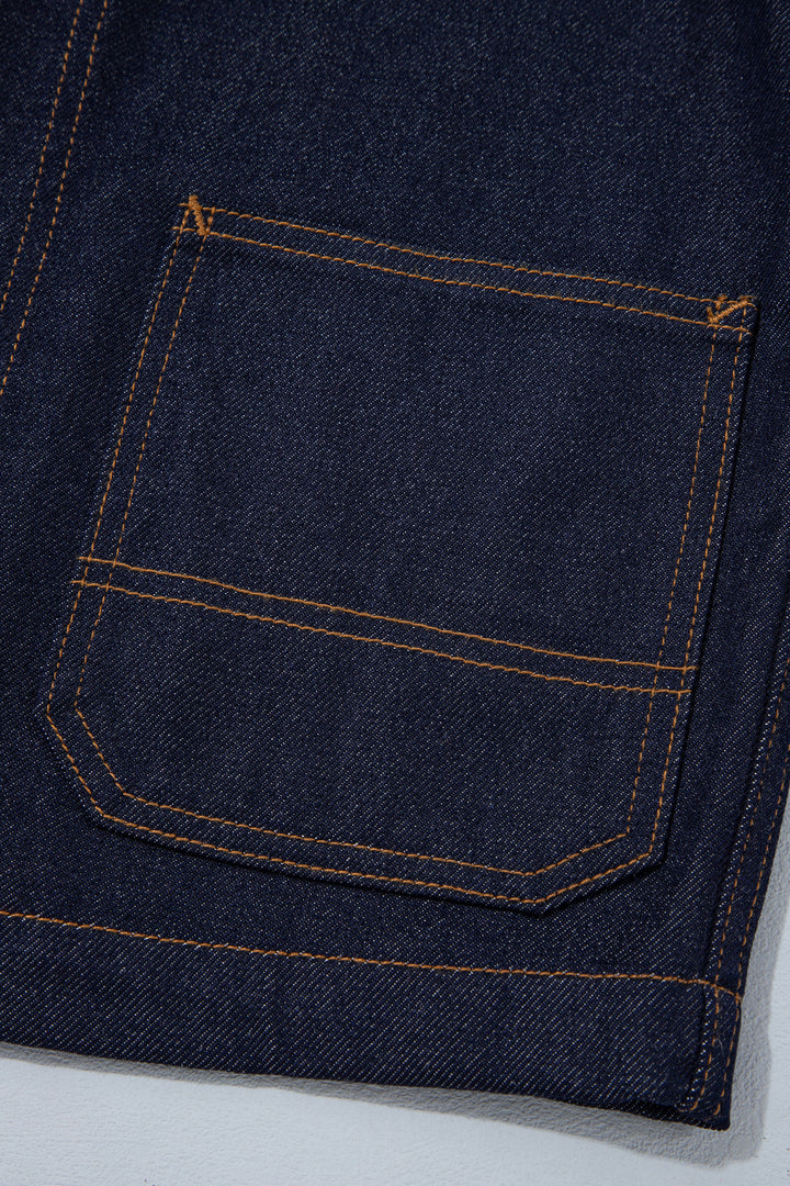 Navy Blue Contrast Collar Stitched Detail Button Denim Jacket